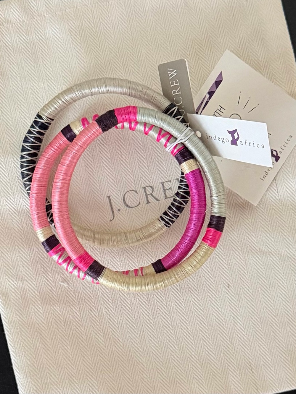 NWT J. Crew Handwoven Sweet Grass Pink Multicolored Wrapped Bangle Set of 3 OS
